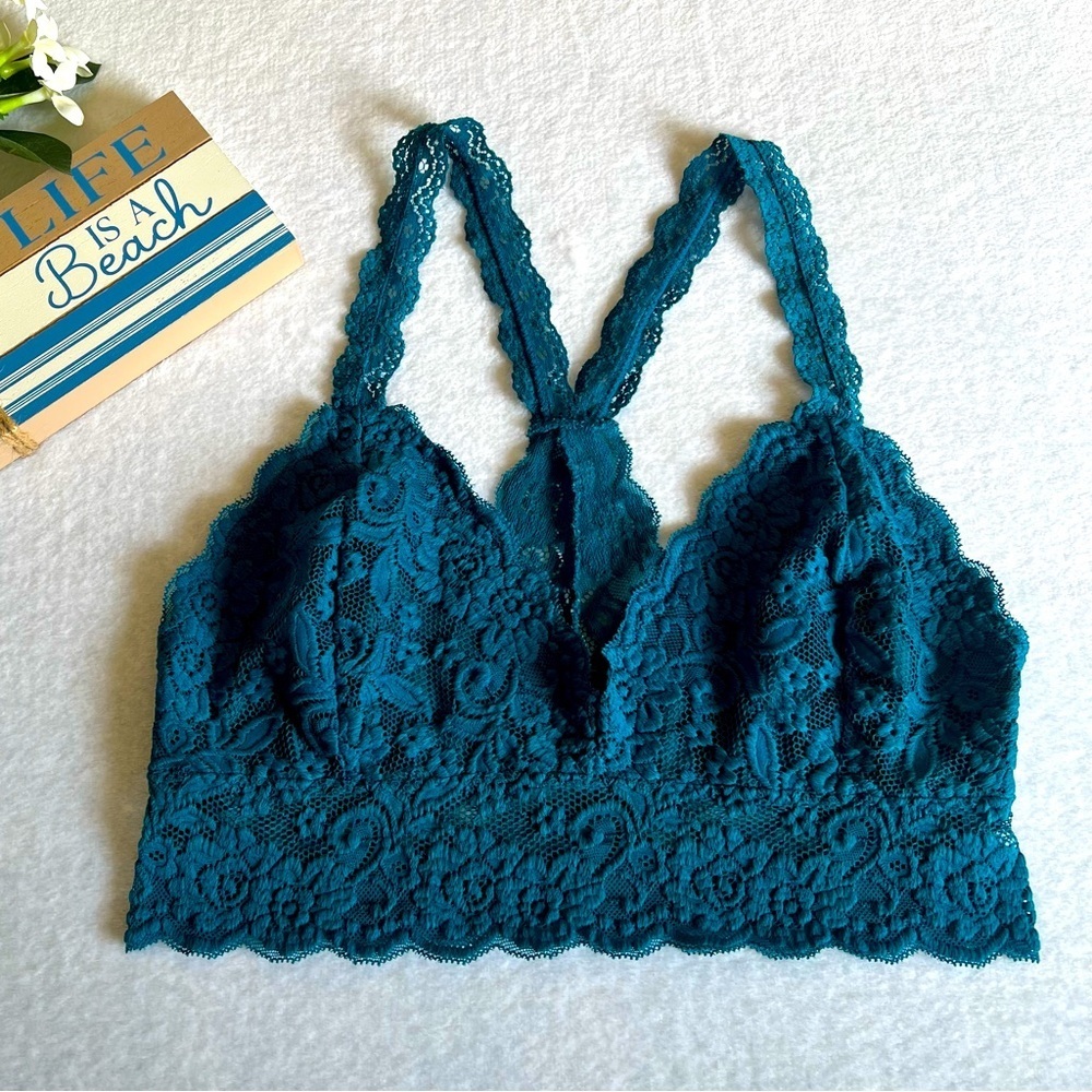 Women’s Teal Floral Lace Bralette Top Sheer Racerback